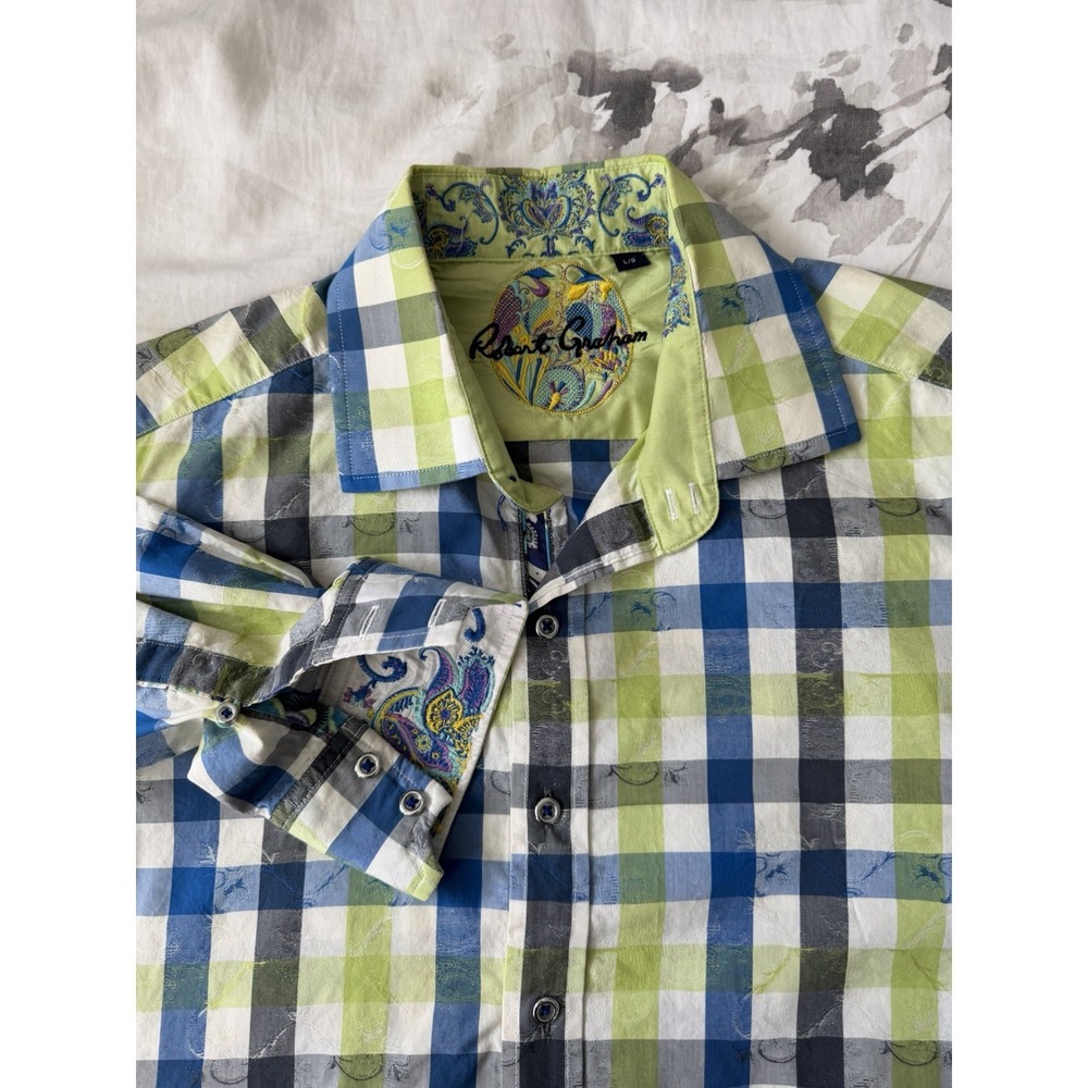 Robert Graham Casual Button Shirt Paisley Check Flip Cuff Designer Luxury Large